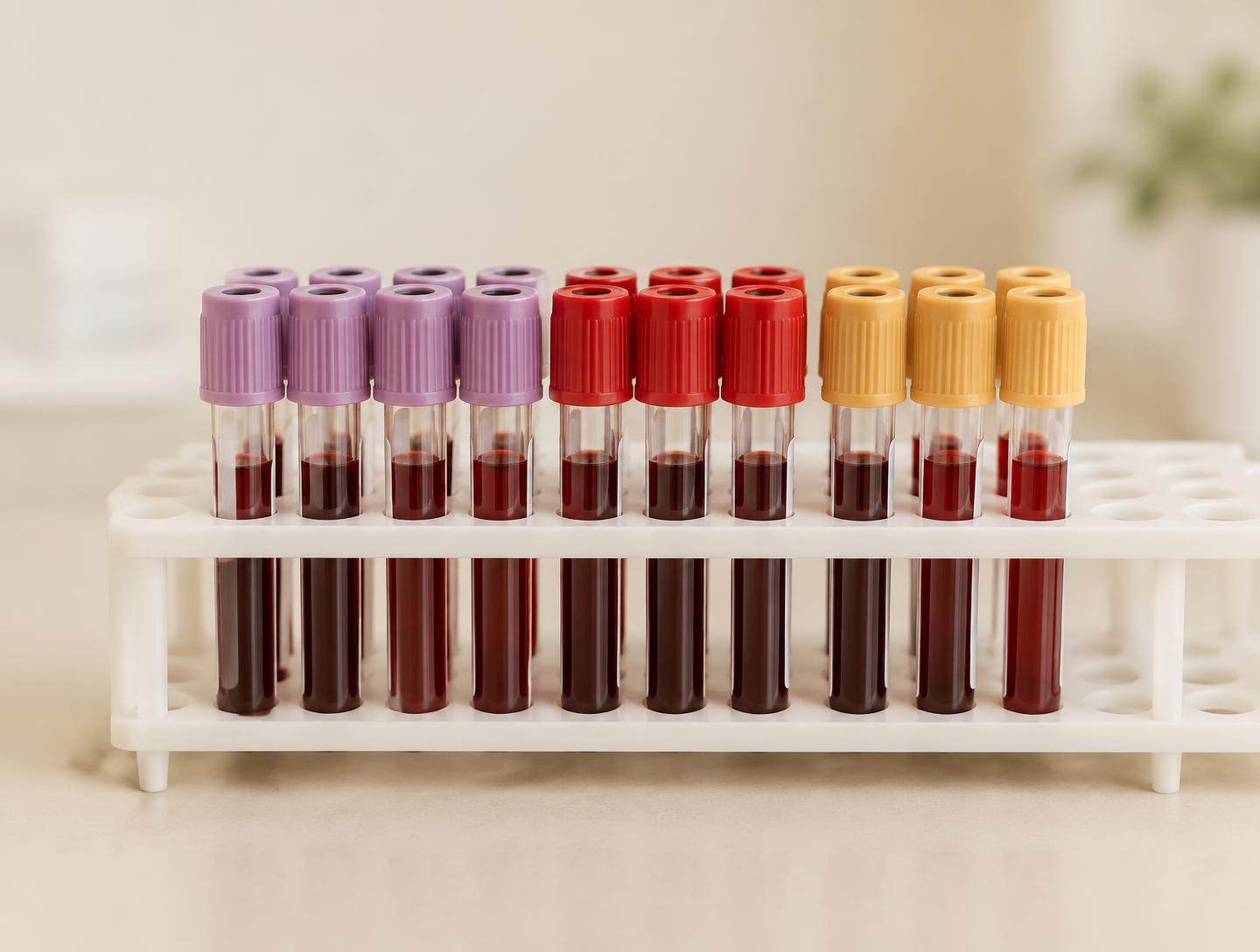 Blood collection tubes arranged neatly in a specimen rack
